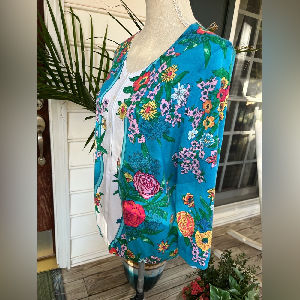 Talbots Luxury Garden Collection Cardigan, Turquoise Floral Print, Size XLP, EUC - Picture 6 of 10